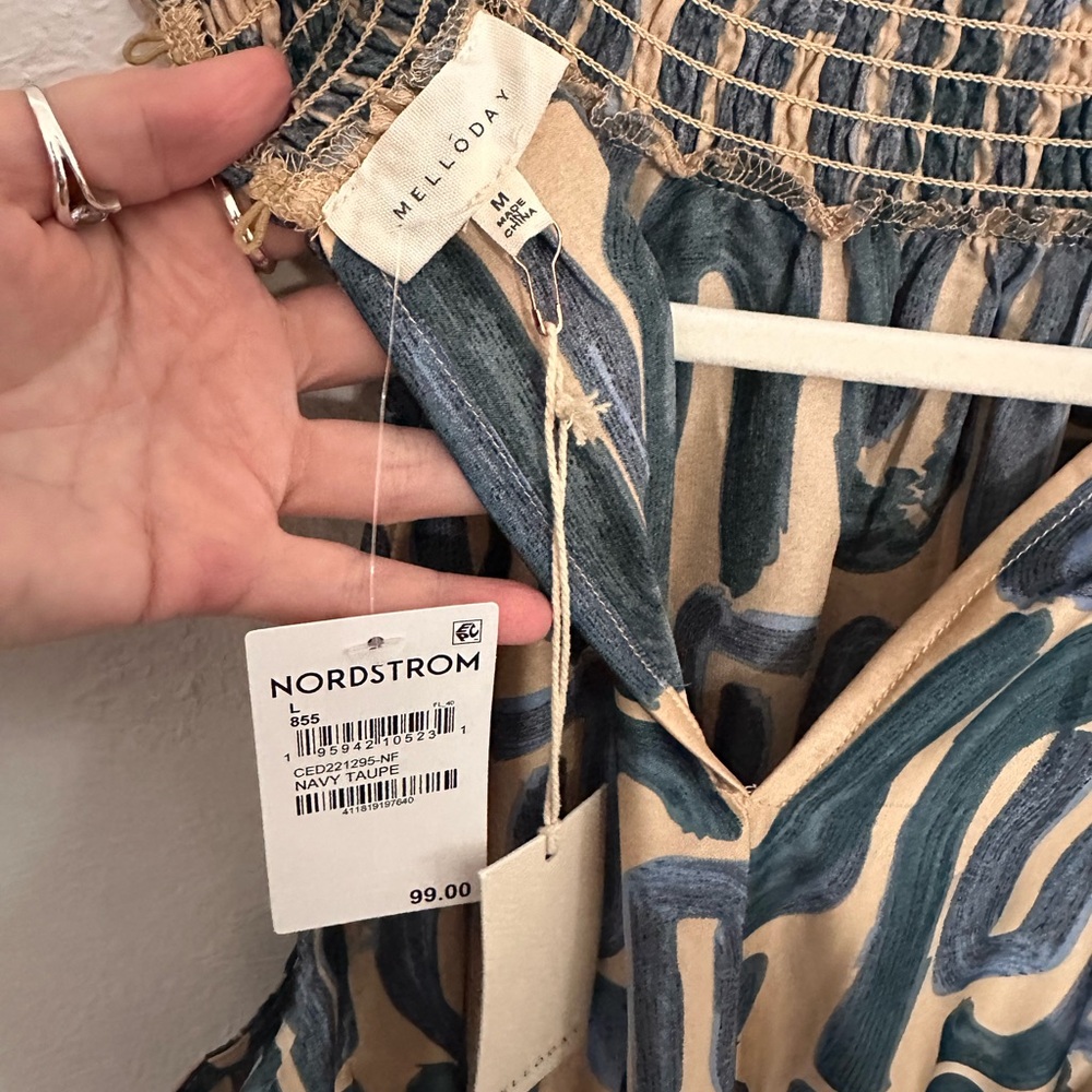 NWT MELLODAY Abstract Print Dress in Blue and Taupe - Picture 2 of 6